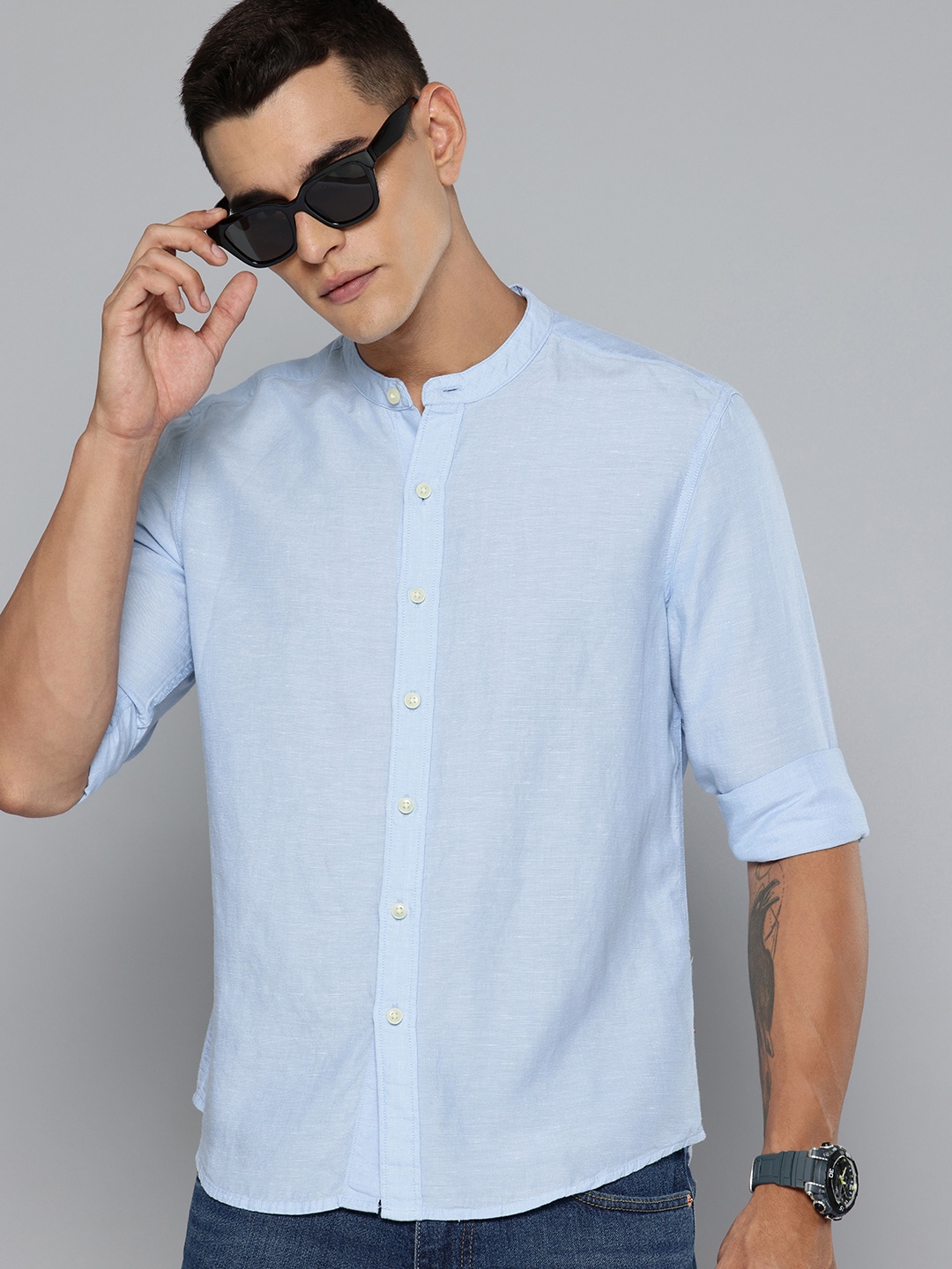 

Levis Slim Fit Band Collar Casual Shirt, Blue