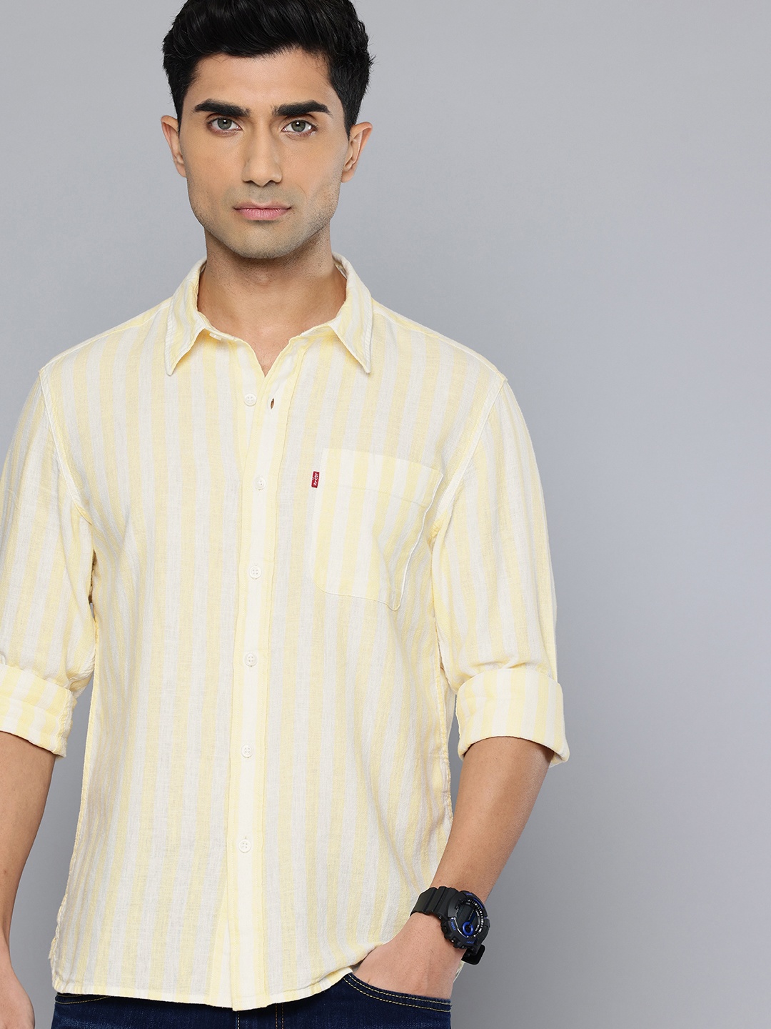 

Levis Slim Fit Striped Linen Cotton Casual Shirt, Yellow
