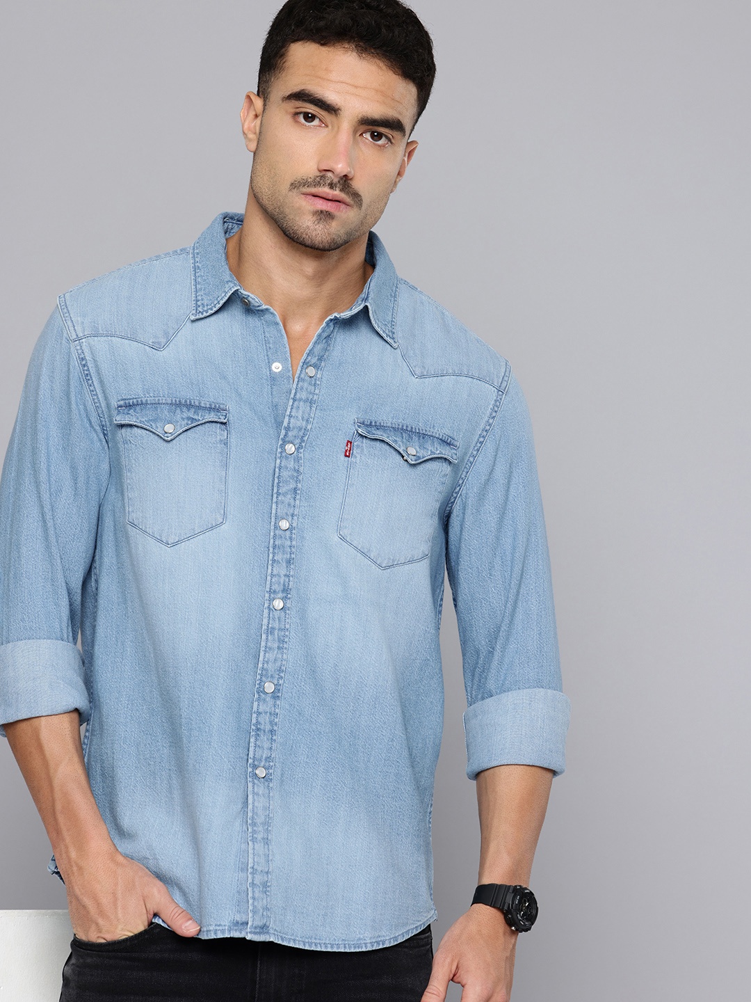 

Levis Pure Cotton Slim Fit Denim Casual Shirt, Blue