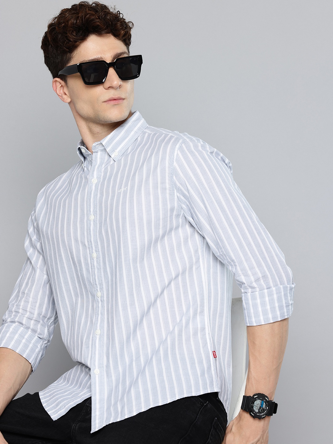 

Levis Slim Fit Striped Pure Cotton Casual Shirt, Grey