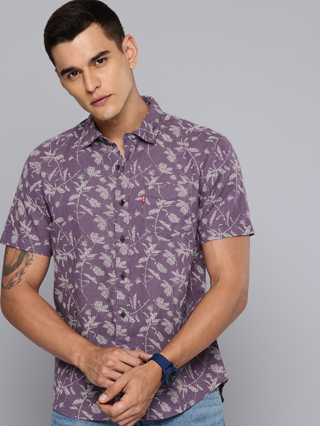 

Levis Slim Fit Floral Printed Linen Cotton Casual Shirt, Purple