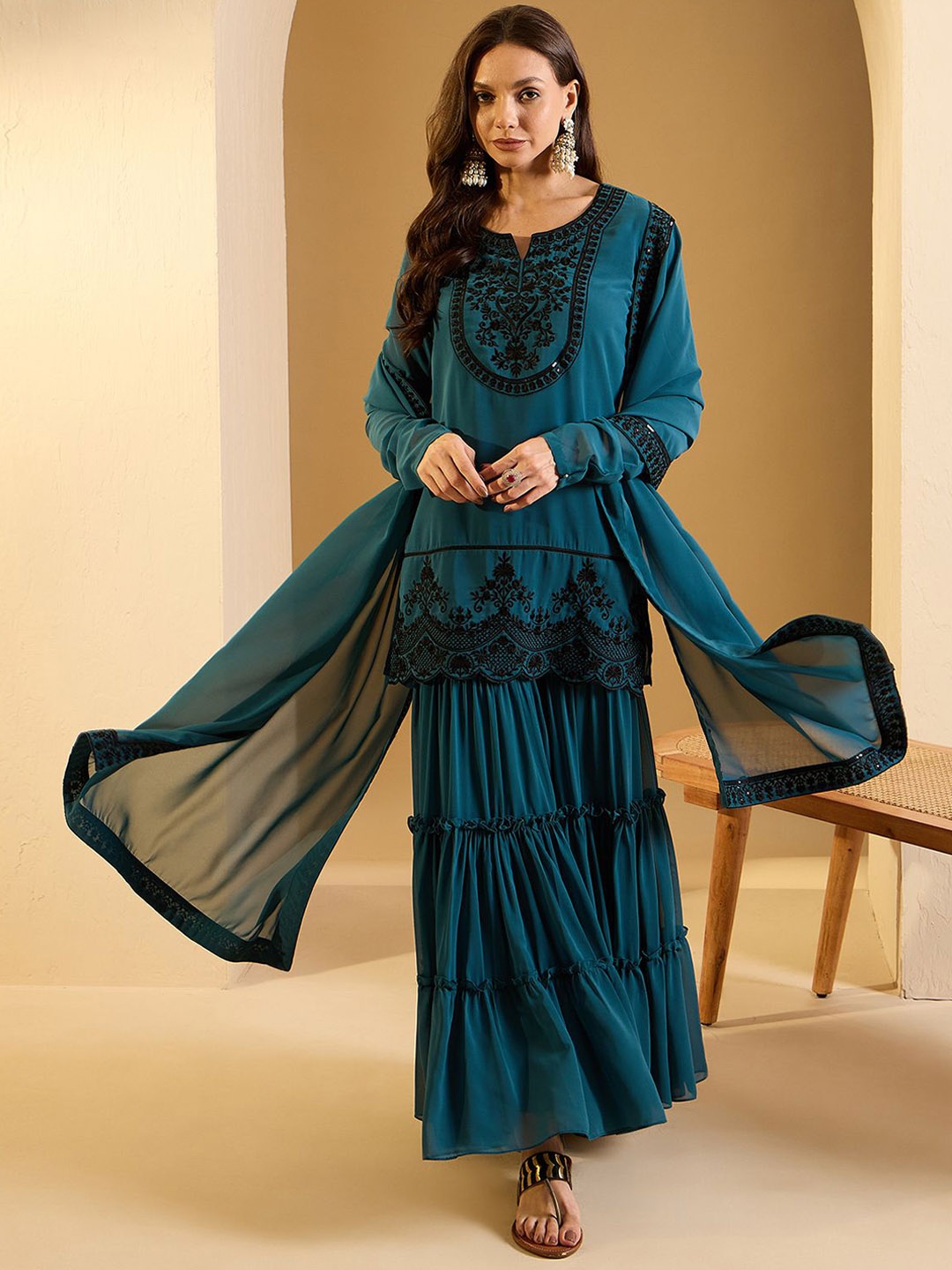 

Inddus Floral Embroidered Notch Neck Sequinned Georgette Kurti With Sharara & Dupatta, Teal