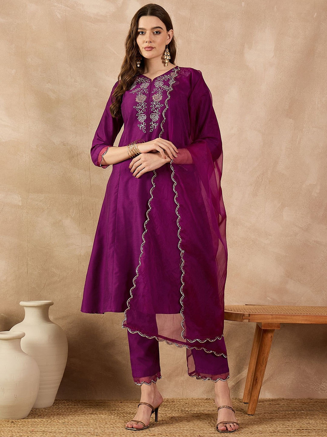 

all about you Purple Floral Embroidered V-Neck A-Line Kurta With Trousers & Dupatta