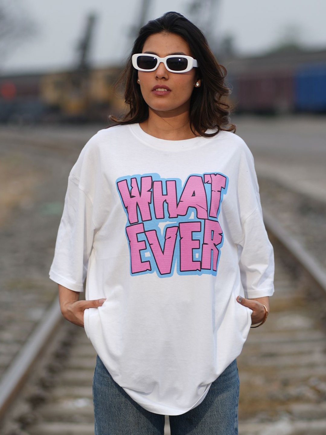 

Bloopers Store Women Typography Printed Cotton Oversized T-shirt, White