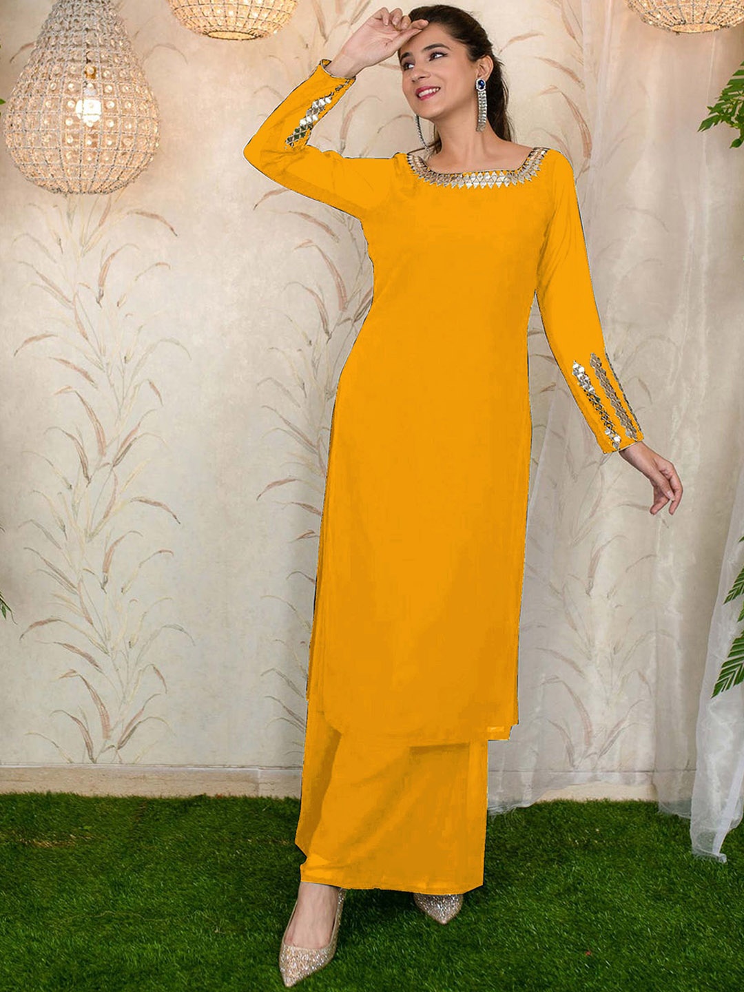 

WHATNOT STYLE Mirror Work Round Neck Georgette Straight Kurta With Palazzo, Yellow