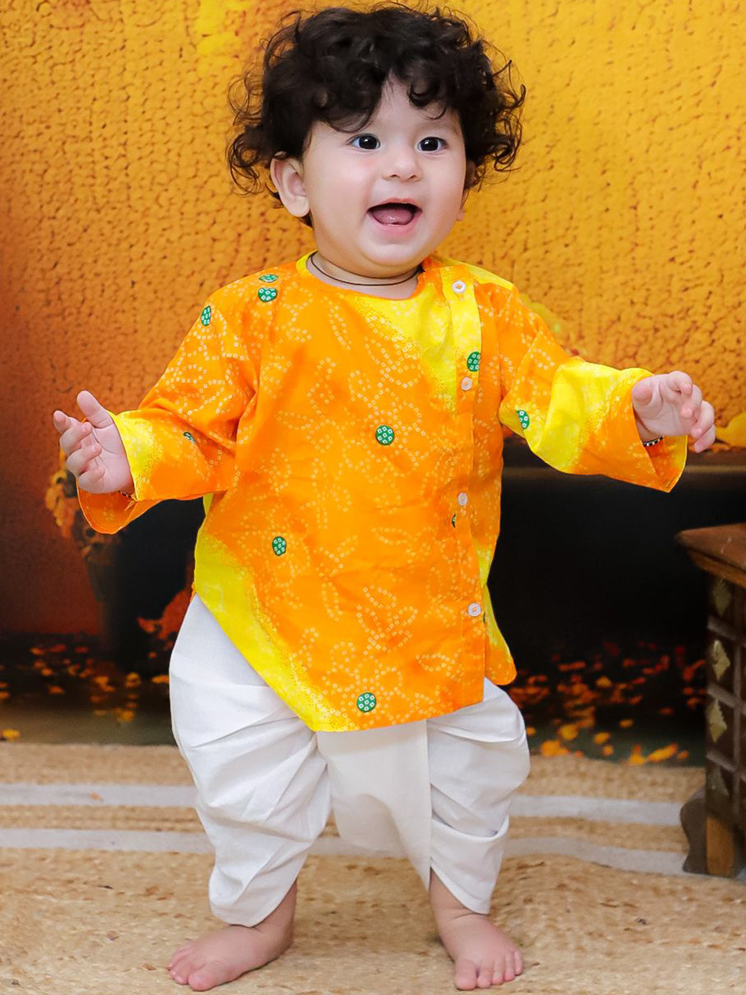 

BownBee Boys Bandhani Printed Round Neck Pure Cotton Straight Kurta With Dhoti Pants, Orange