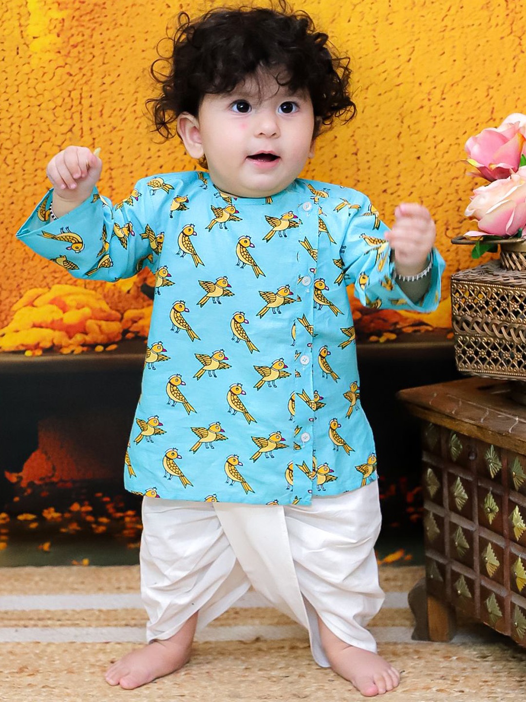 

BownBee Boys Quirky Printed Round Neck Pure Cotton Straight Kurta With Dhoti Pants, Blue