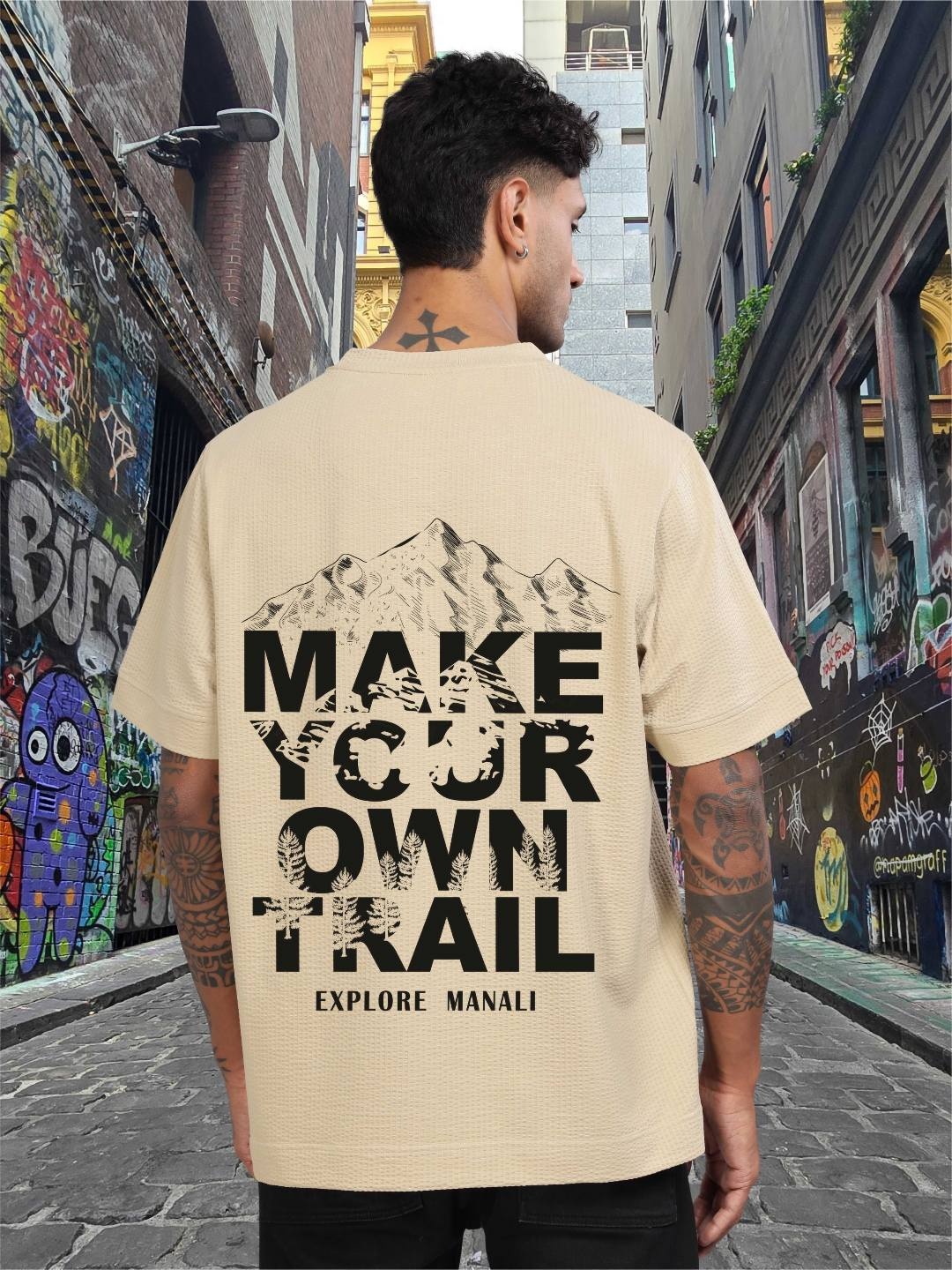 

STELLERS Men Graphic Printed Embroidered Oversized Casual T-shirt, Beige