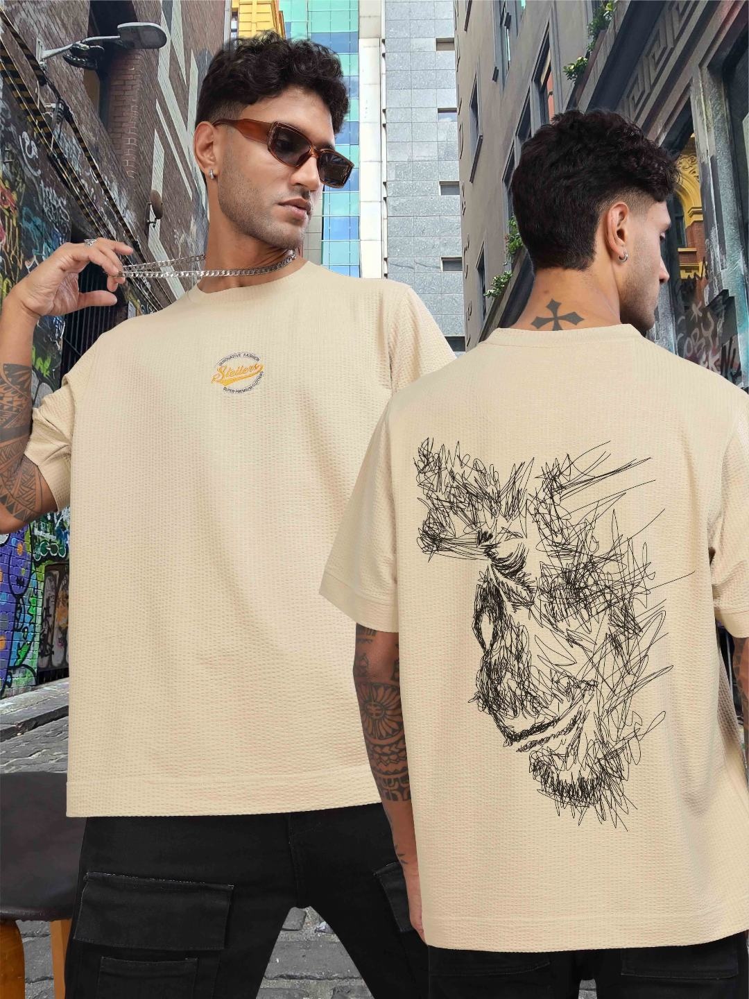 

STELLERS Men Graphic Printed Oversized Casual T-shirt, Beige
