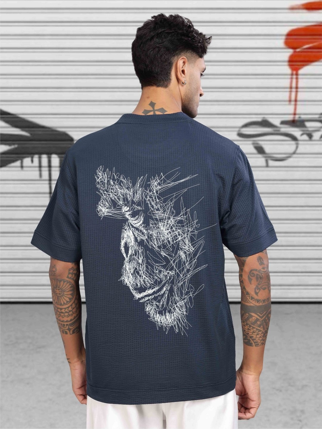 

STELLERS Men Graphic Printed Oversized Casual T-shirt, Navy blue