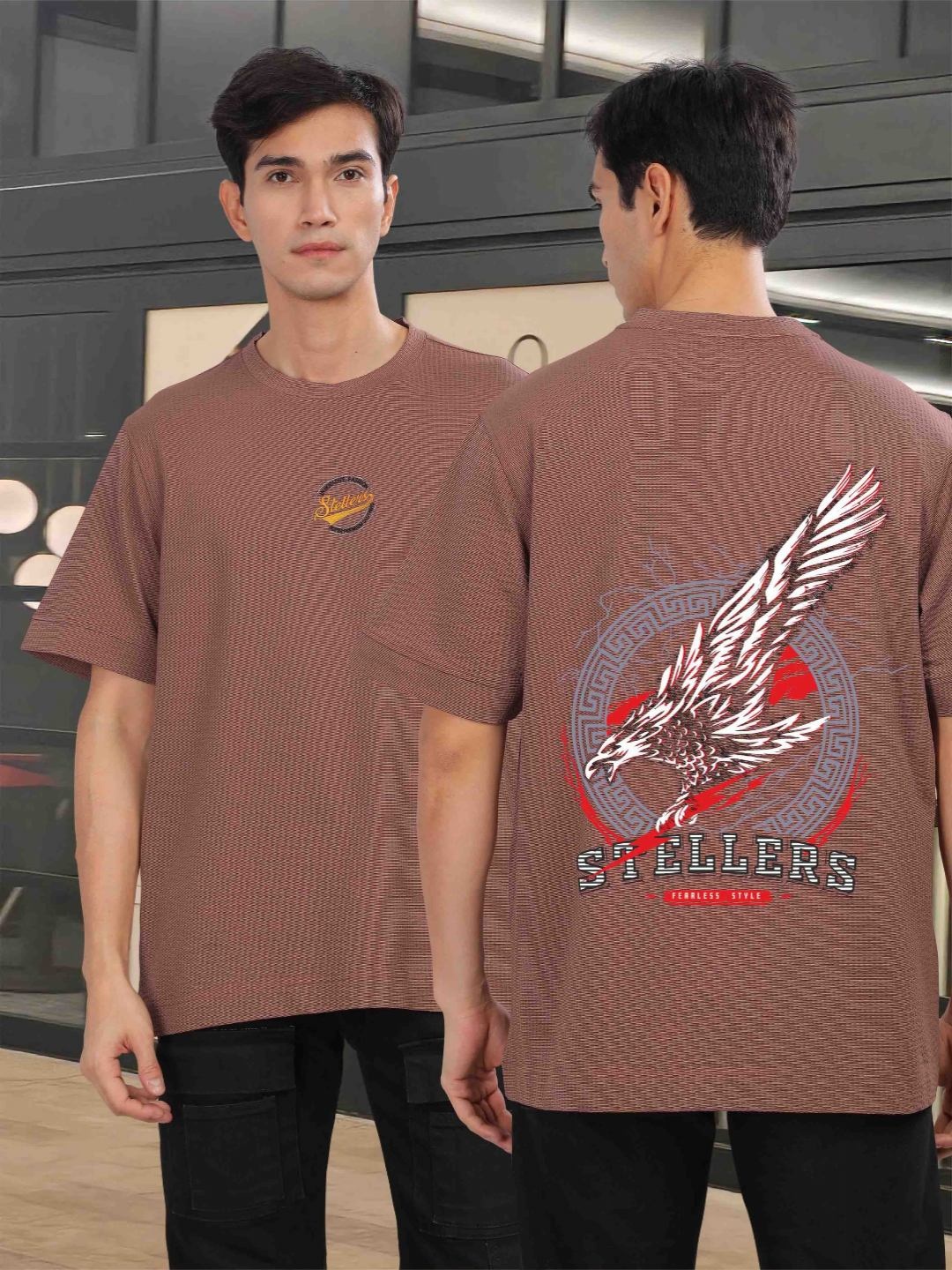 

STELLERS Men Graphic Printed Round Neck Cotton Relaxed Fit T-shirt, Mauve