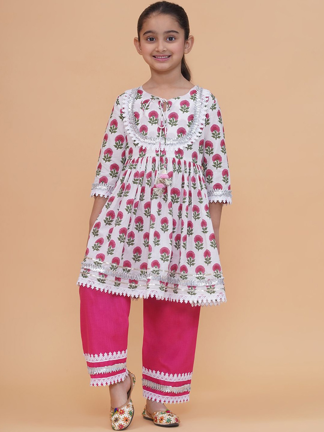 

Modish Couture Girls Floral Printed Tie-Up Neck Anarkali Kurta With Palazzos, White