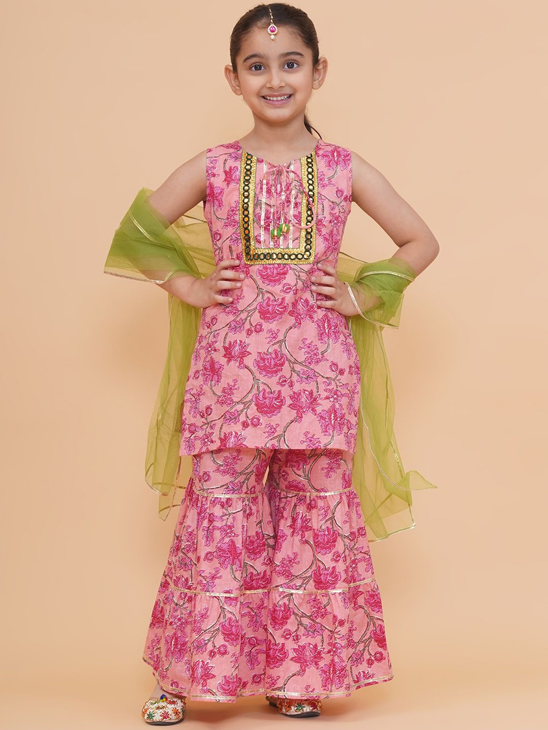 

Modish Couture Girls Floral Printed Gotta Patti Straight Kurta With Sharara And Dupatta, Peach