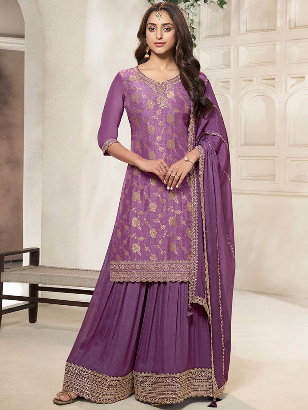 

Seerat Floral Woven Design Notch Neck Pure Silk Straight Kurta With Sharara & Dupatta, Lavender