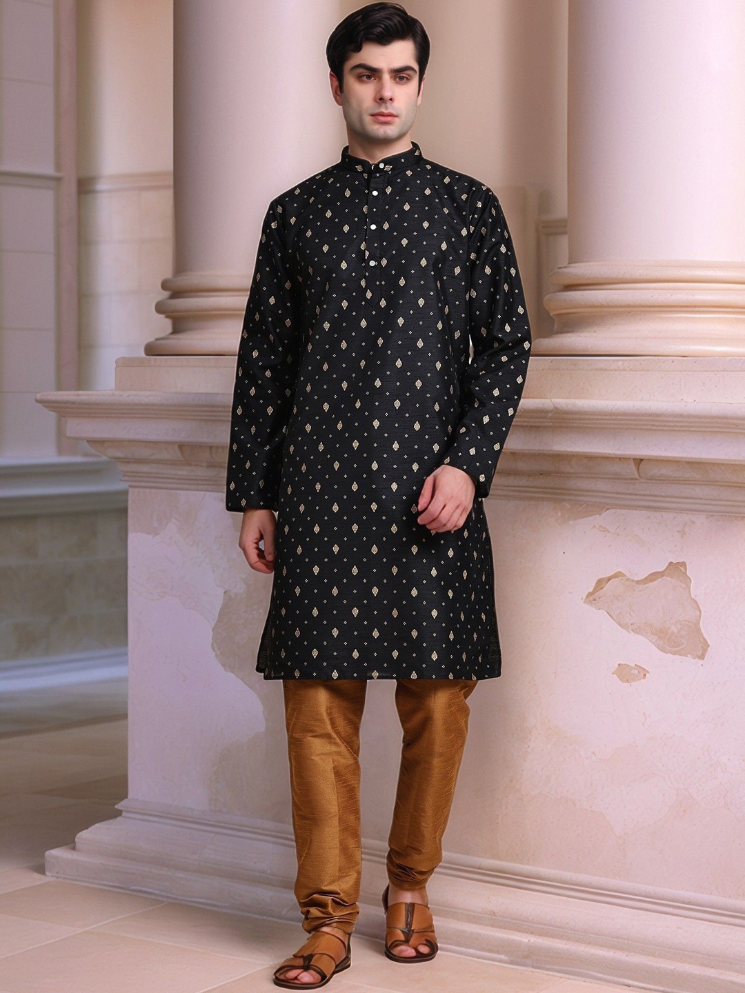 

Moda Rapido Band Collar Straight Kurta With Churidar, Black