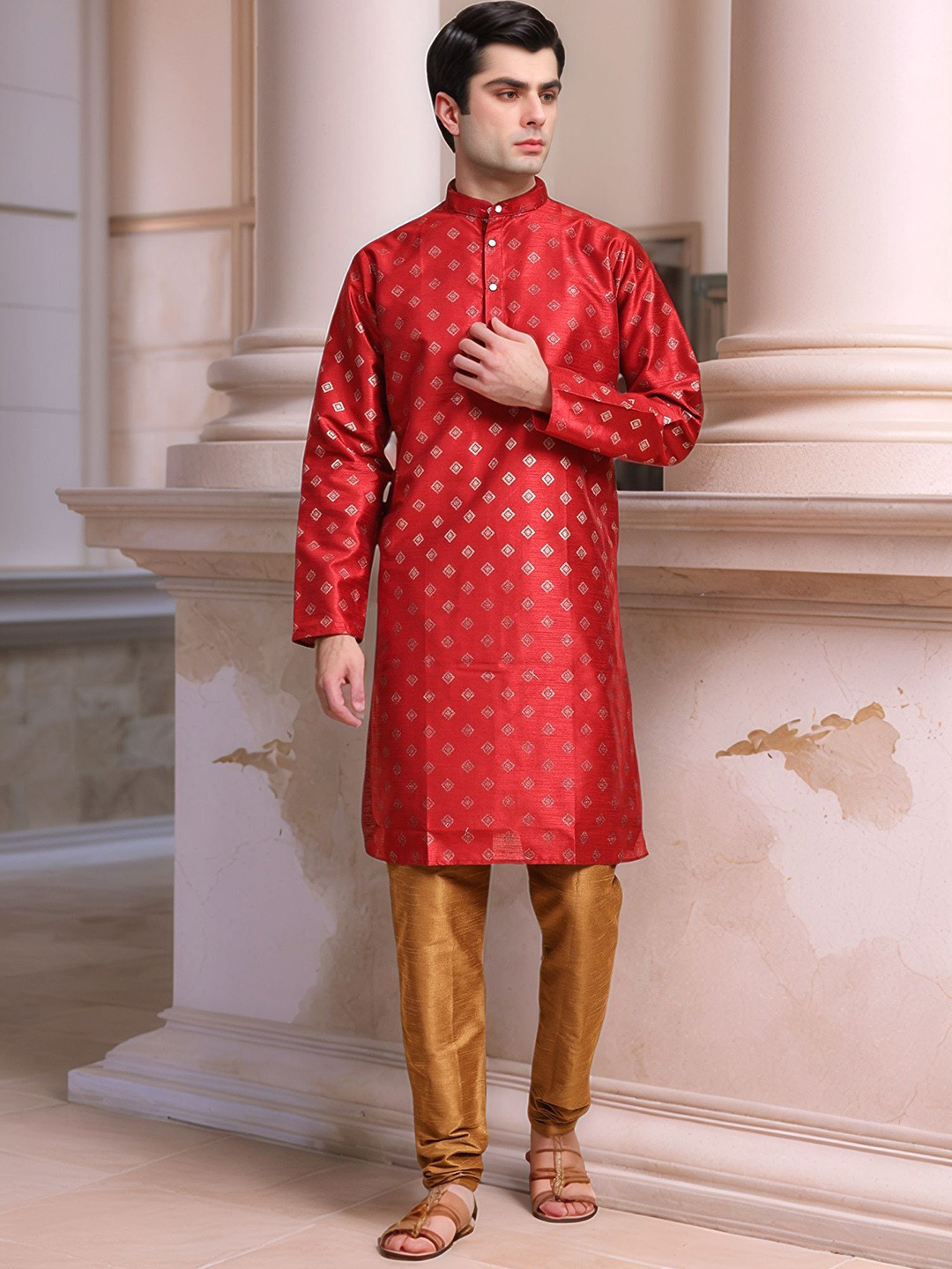 

Moda Rapido Floral Printed Band Collar Straight Kurta With Churidar, Red