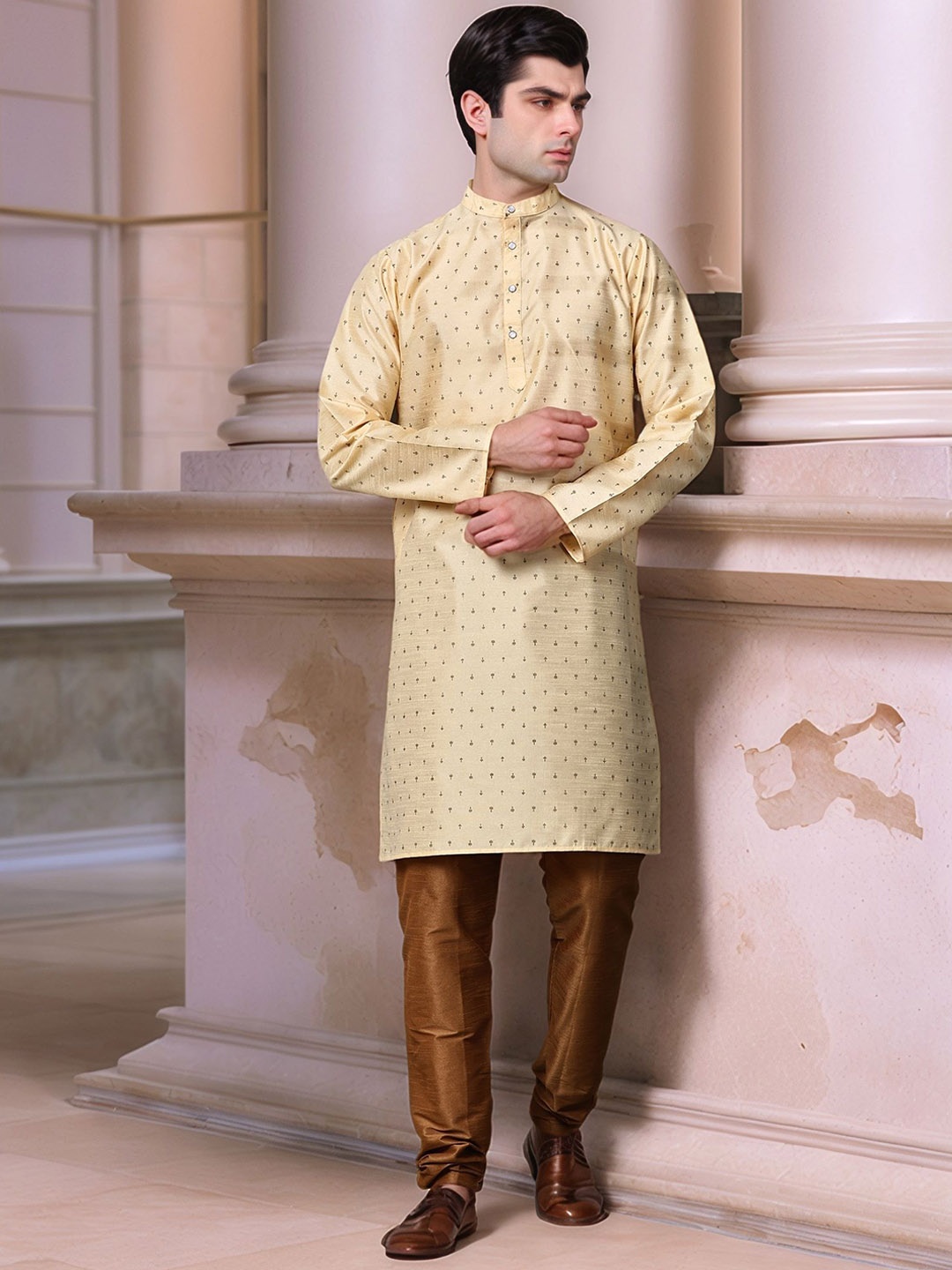 

Moda Rapido Floral Printed Band Collar Straight Kurta With Churidar, Beige