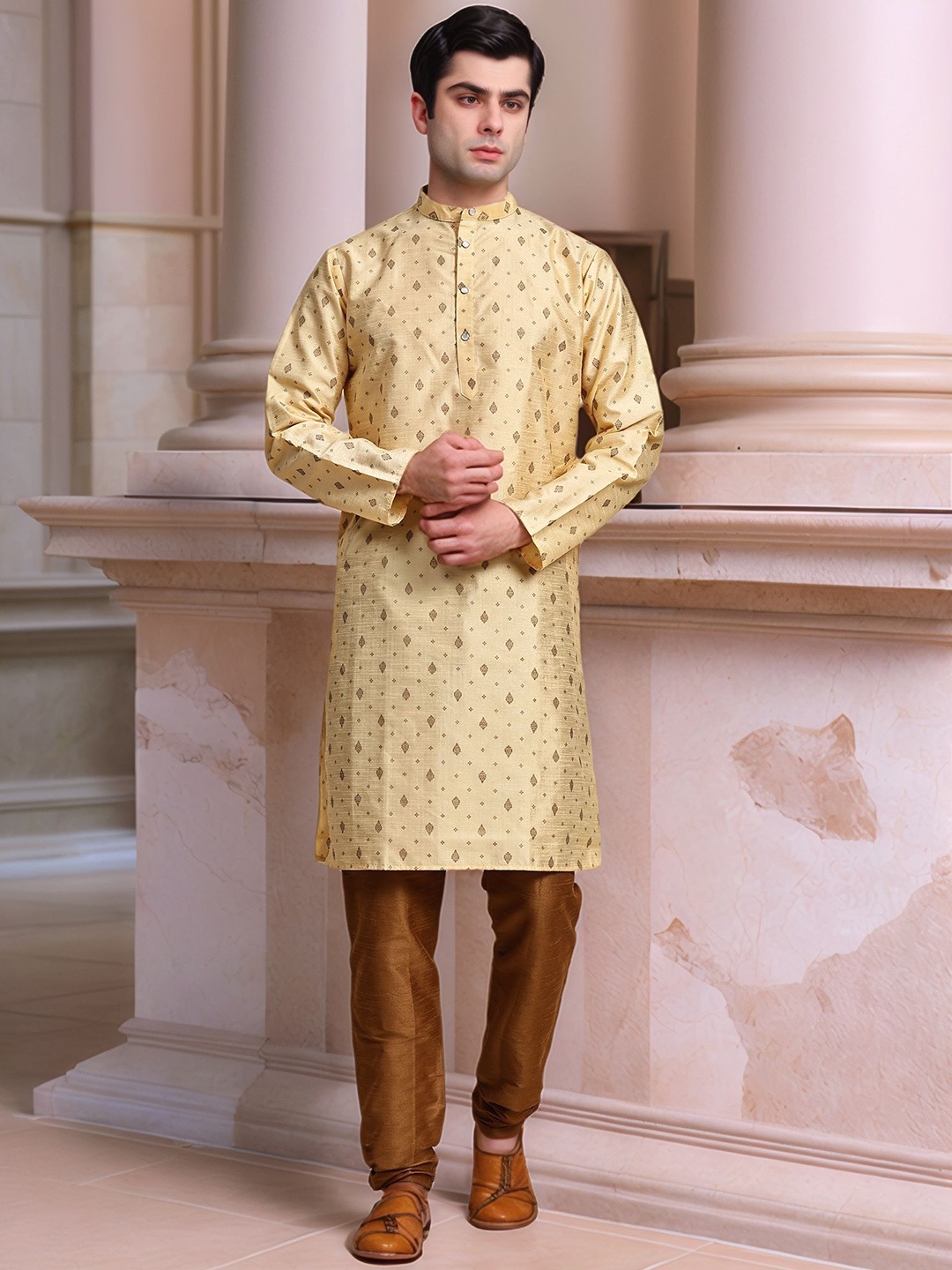 

Moda Rapido Floral Woven Design Band Collar Pure Cotton Kurta With Churidar, Beige