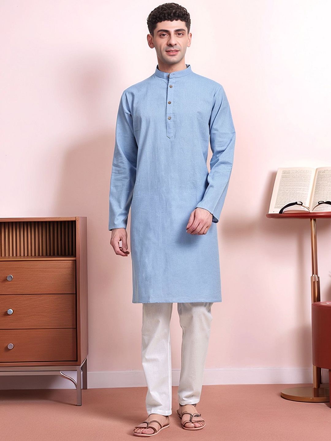 

Moda Rapido Band Collar Kurta With Pyjamas, Blue