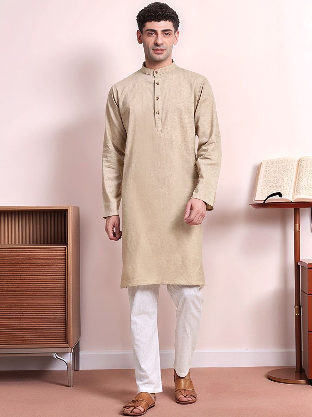 

Moda Rapido Band Collar Straight Kurta With Pyjamas, Beige