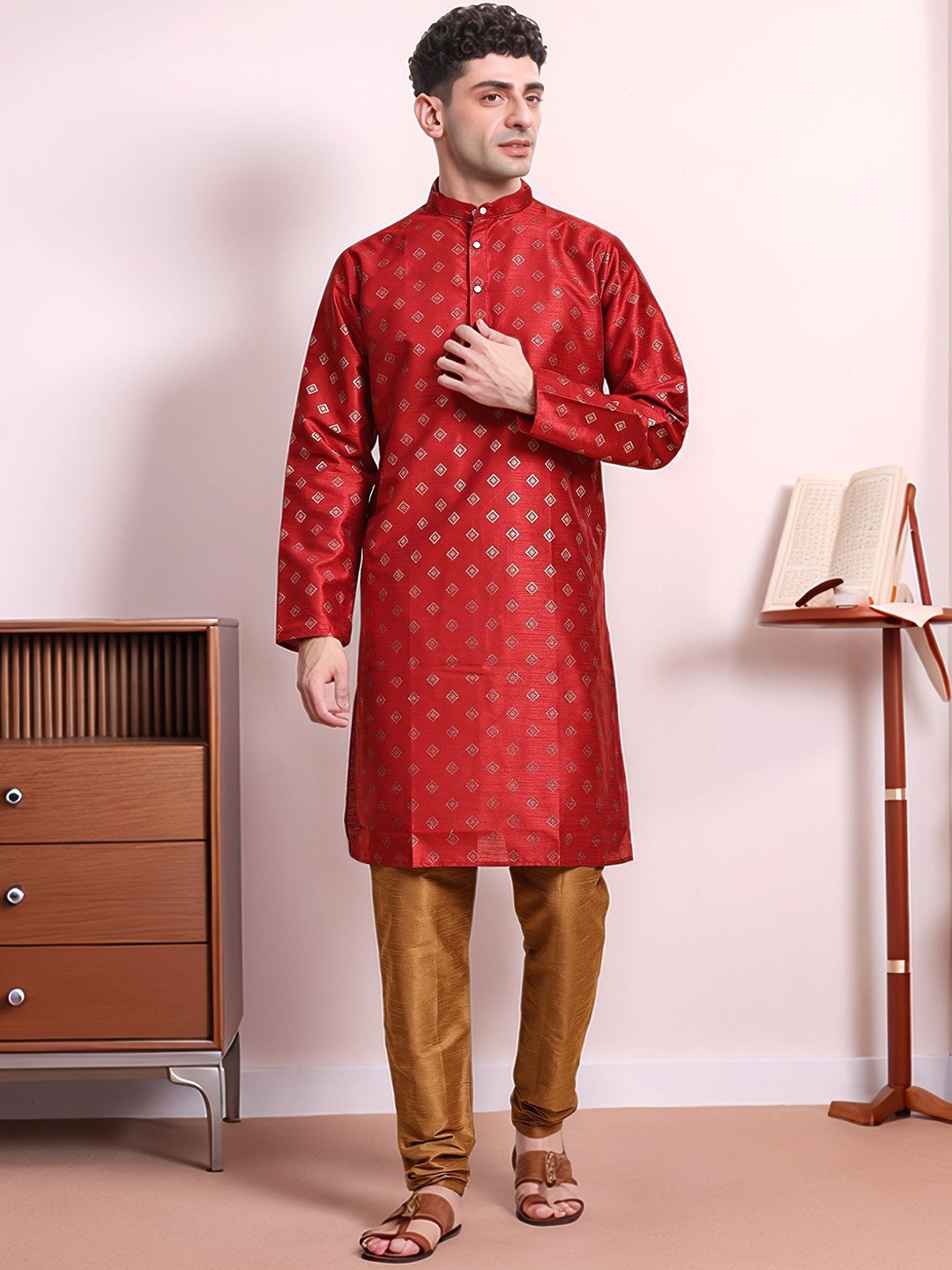 

Moda Rapido Geometric Woven Design Band Collar Pure Cotton Kurta With Churidar, Red