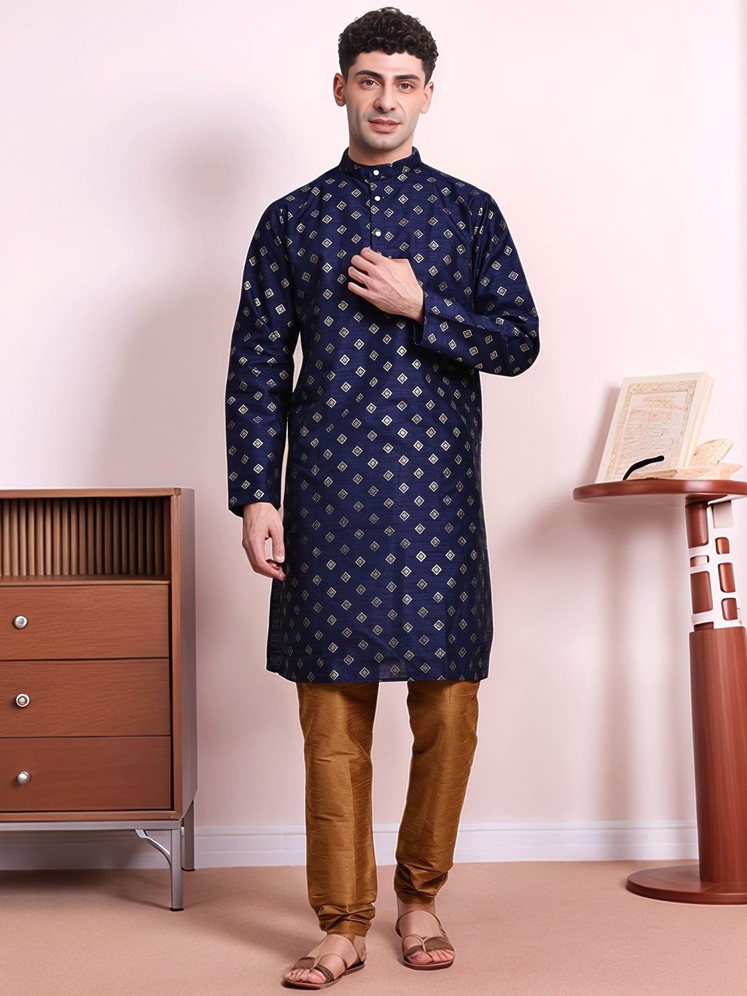 

Moda Rapido Floral Woven Design Band Collar Pure Cotton Kurta With Churidar, Blue