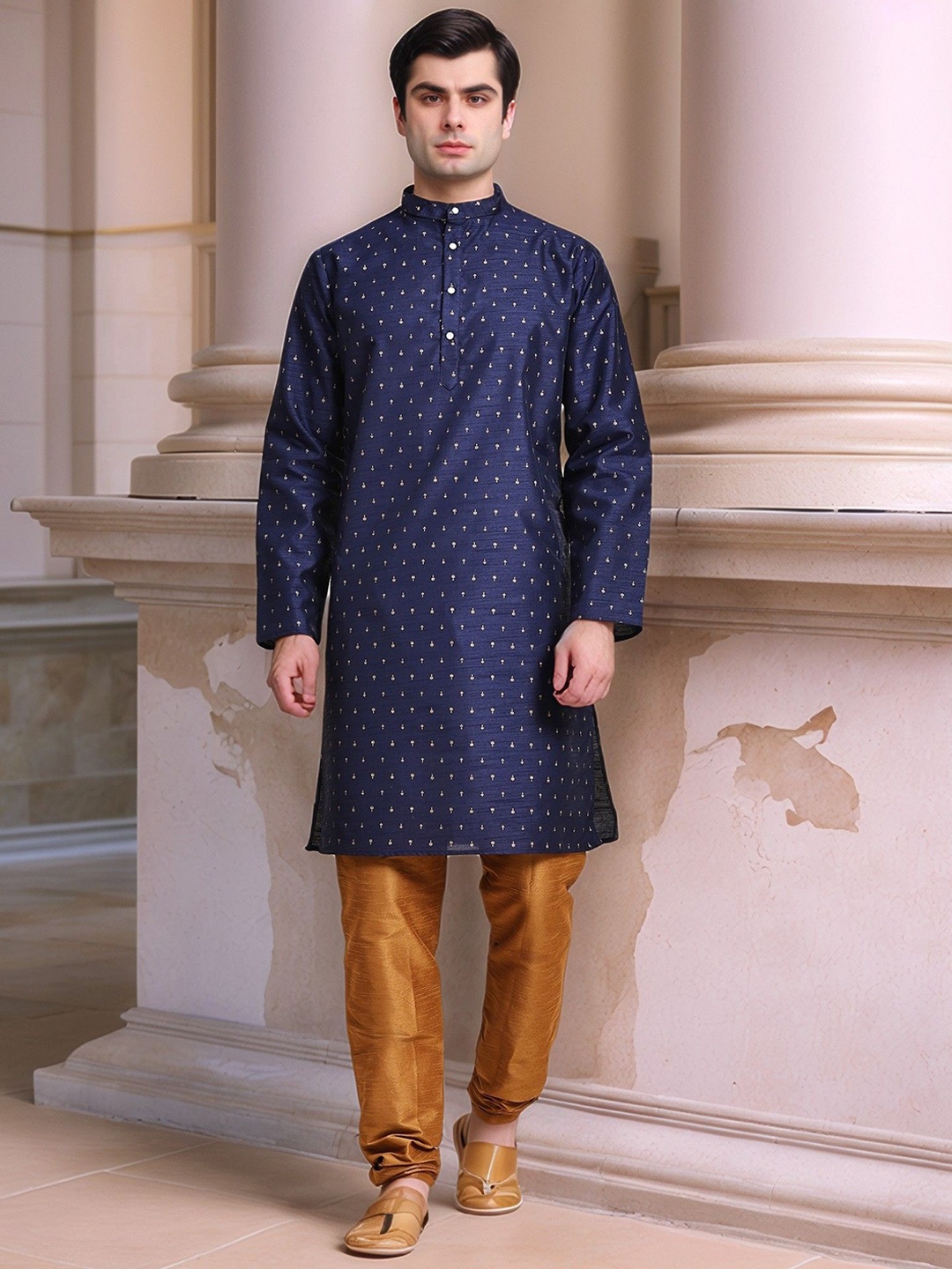 

Moda Rapido Floral Printed Band Collar Straight Kurta With Churidar, Blue