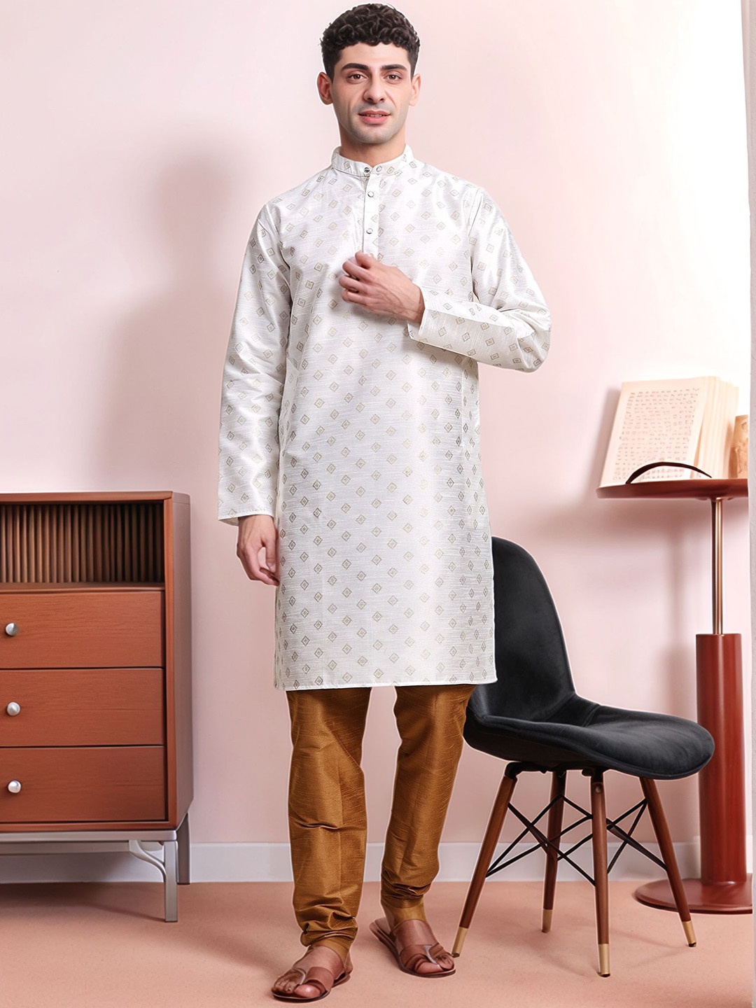 

Moda Rapido Floral Woven Design Band Collar Pure Cotton Kurta With Churida, White