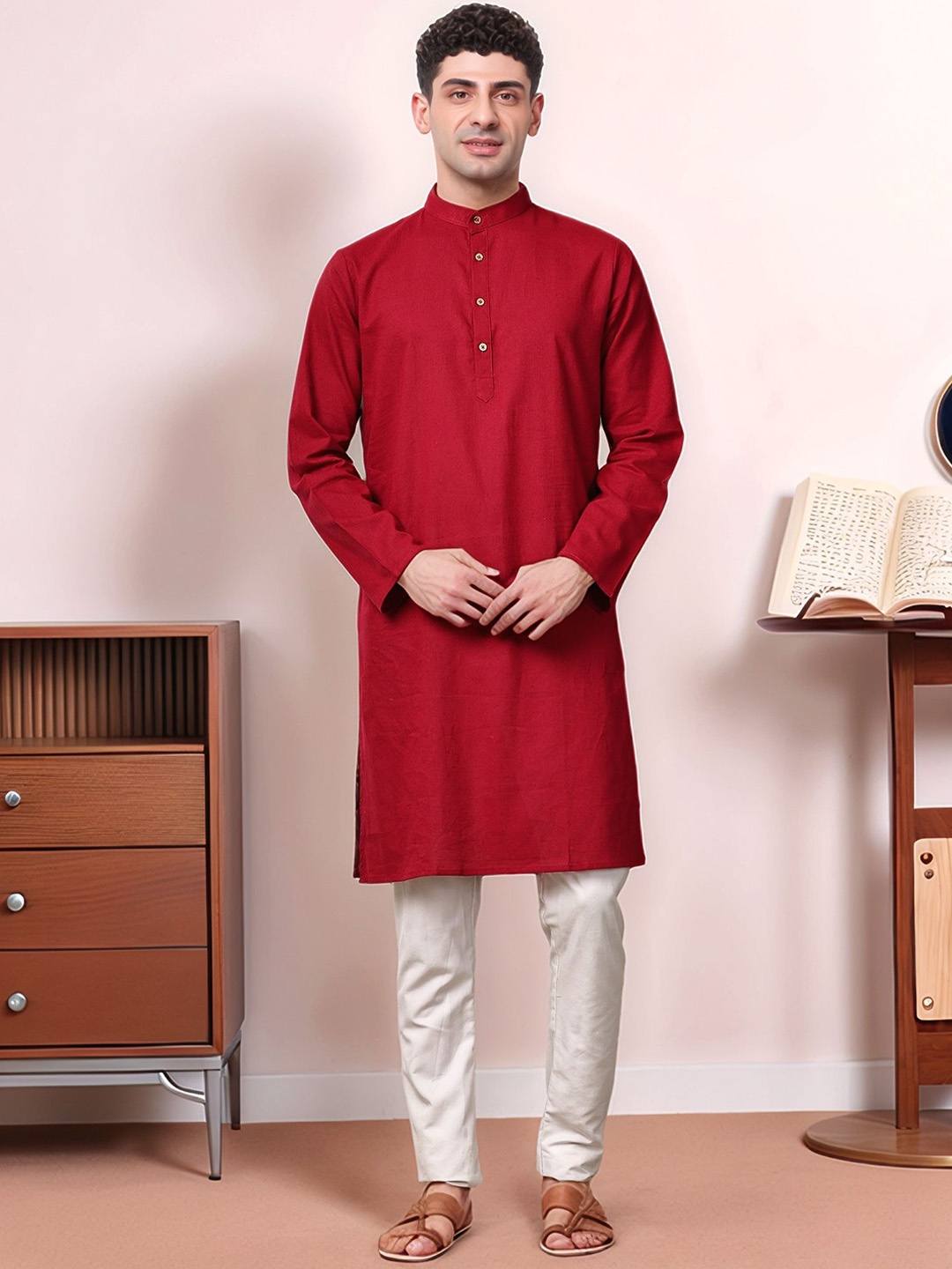 

Moda Rapido Band Collar Straight Kurta With Pyjamas, Red