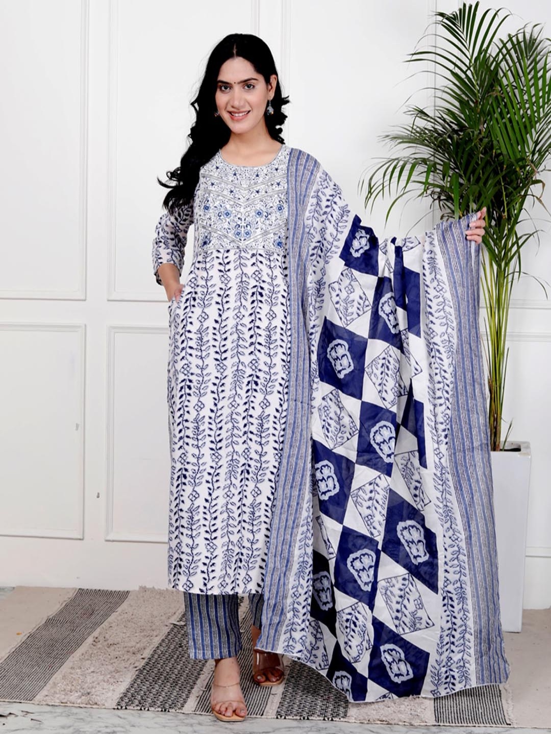 

HERE&NOW Floral Printed Embroidered Round Neck Kurta With Palazzo And Dupatta, Blue