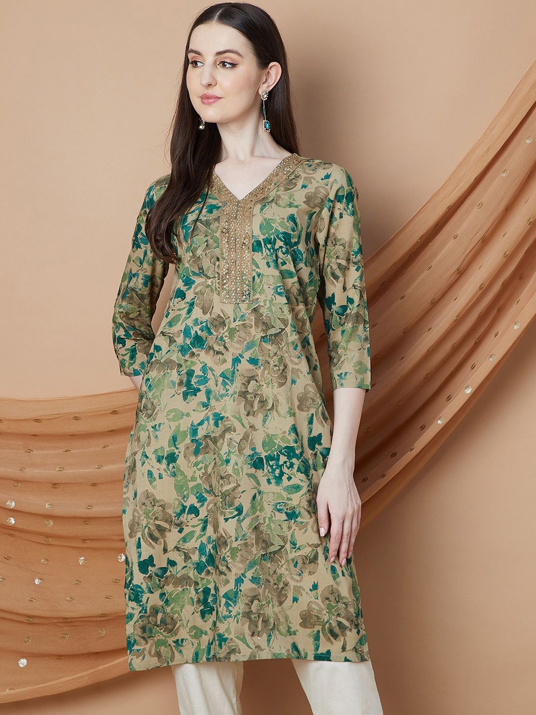 

Melange by Lifestyle Floral Printed V-Neck Sequinned Straight Kurta, Beige