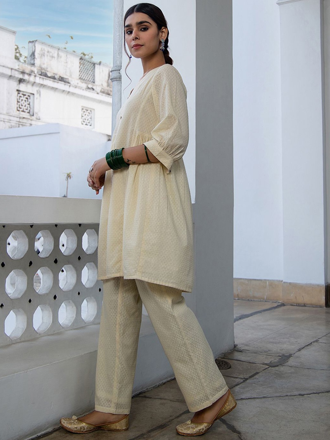 

KALINI Geometric Woven Design V-Neck Pure Cotton Tunic With Trousers, Cream