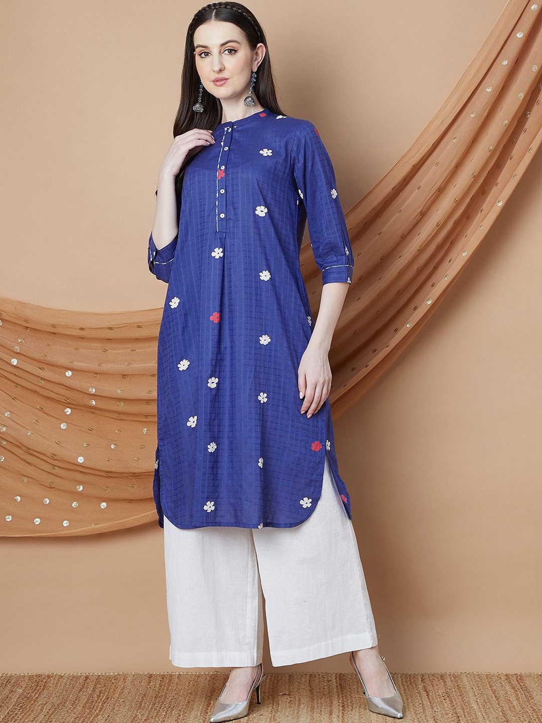 

Melange by Lifestyle Floral Printed Mandarin Collar Puff Sleeves Straight Kurta, Blue