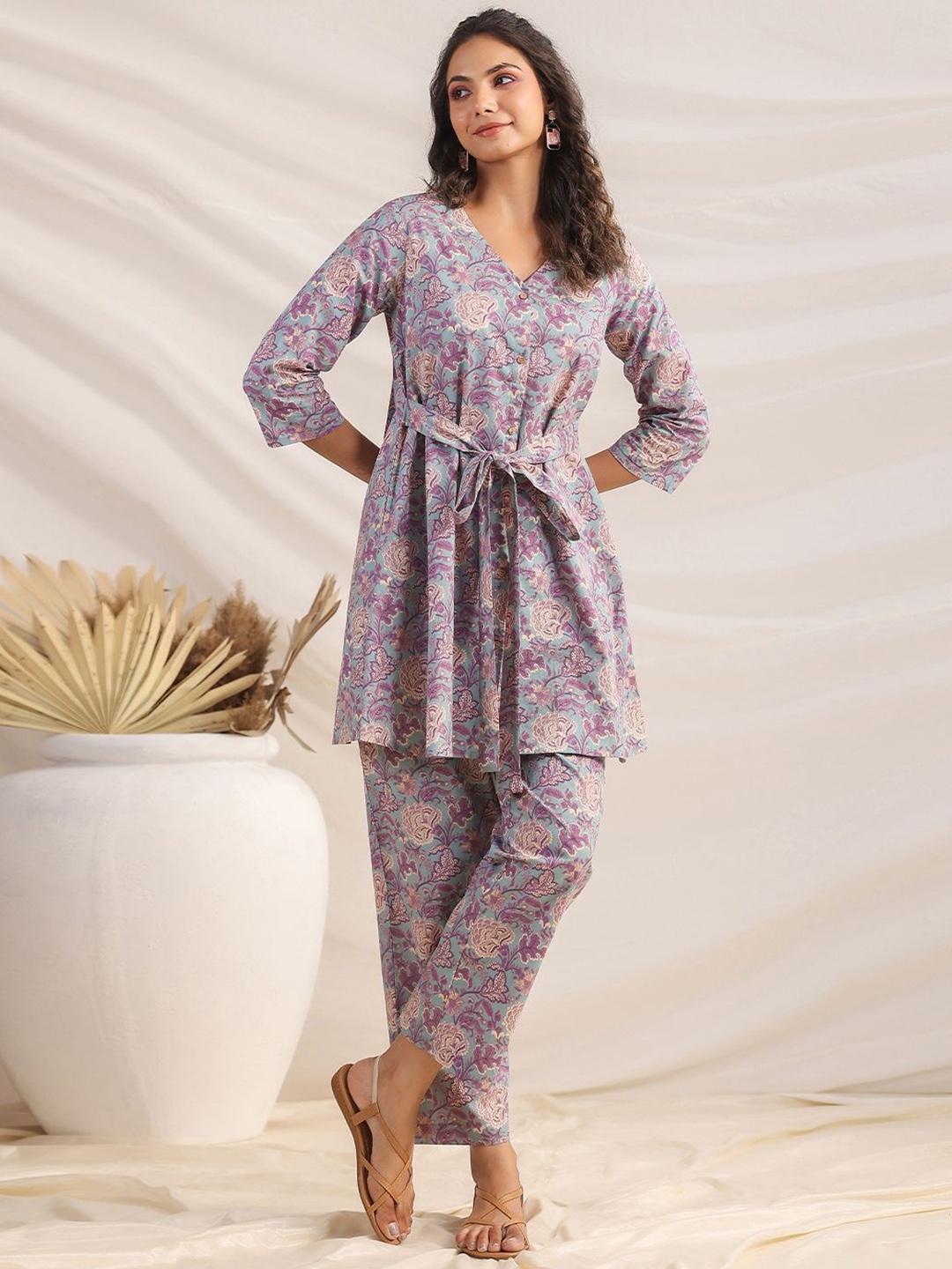 

KALINI Floral Printed VoNeck Pure Cotton A-Line Tunic With Trousers Co-Ords, Blue