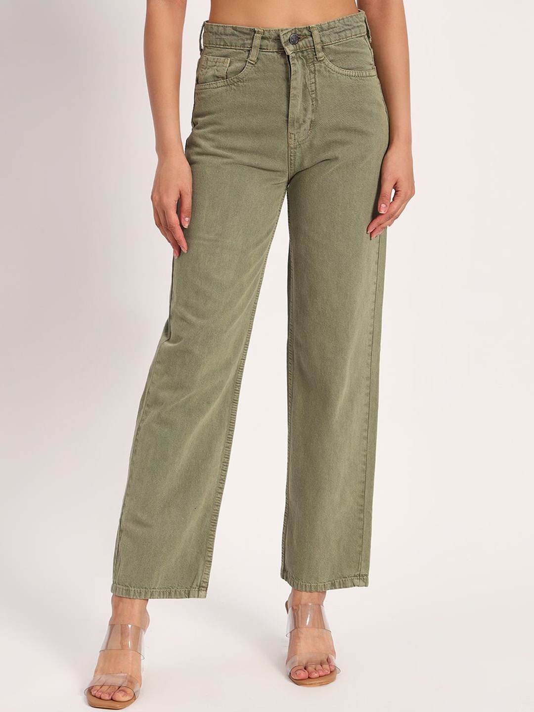 

Peikh Women Cotton Wide Leg Jeans, Olive