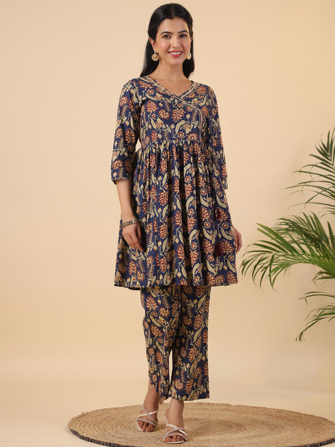 

KALINI Floral Printed V-Neck Pure Cotton Angrakha Tunic With Trousers, Navy blue