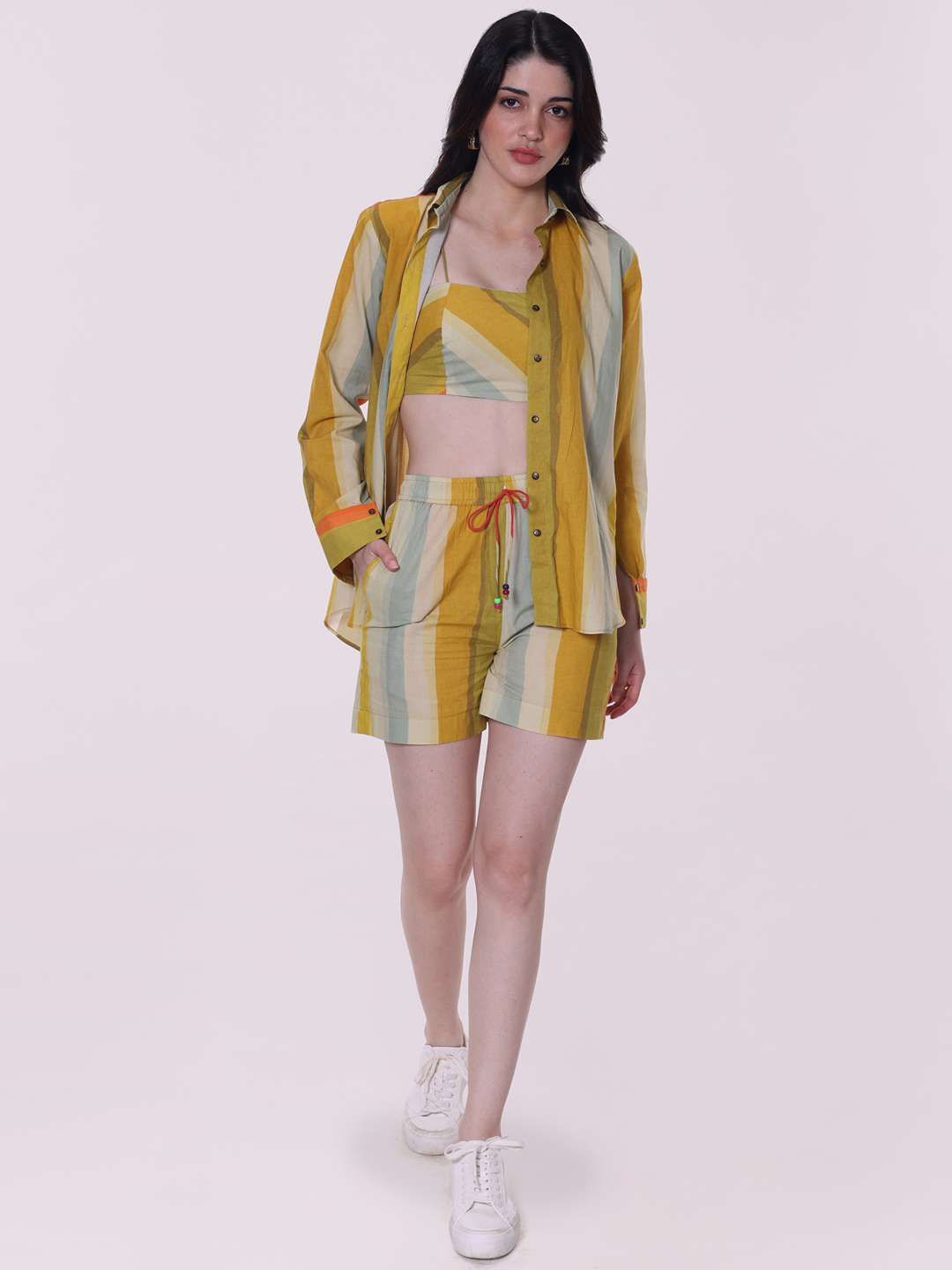 

POPPI Linear Printed Pure Cotton Shirt & Shorts With Bustier, Mustard