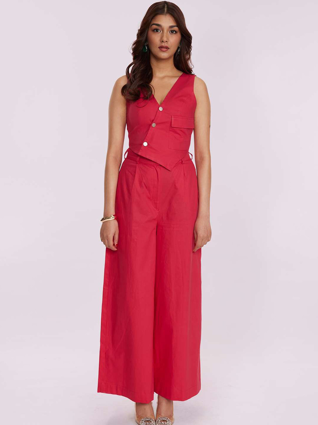 

POPPI V-Neck Poplin Pure Cotton Waistcoat & Trousers, Pink