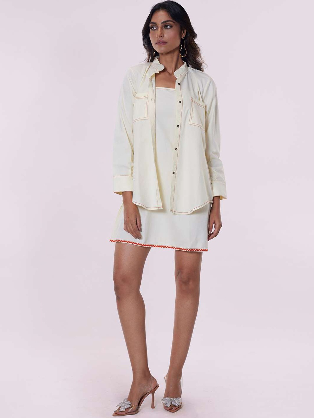 

POPPI Shirt Collar Pure Cotton A-Line Dress & Shirt, Off white