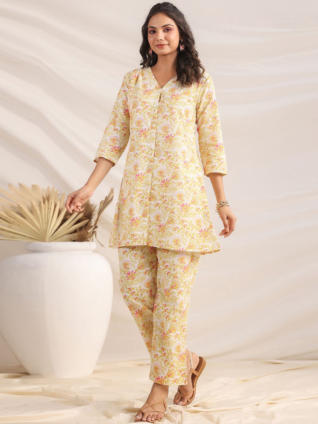 

KALINI Floral Printed V-Neck Pure Cotton A-Line Tunic With Trousers Co-Ords, Off white