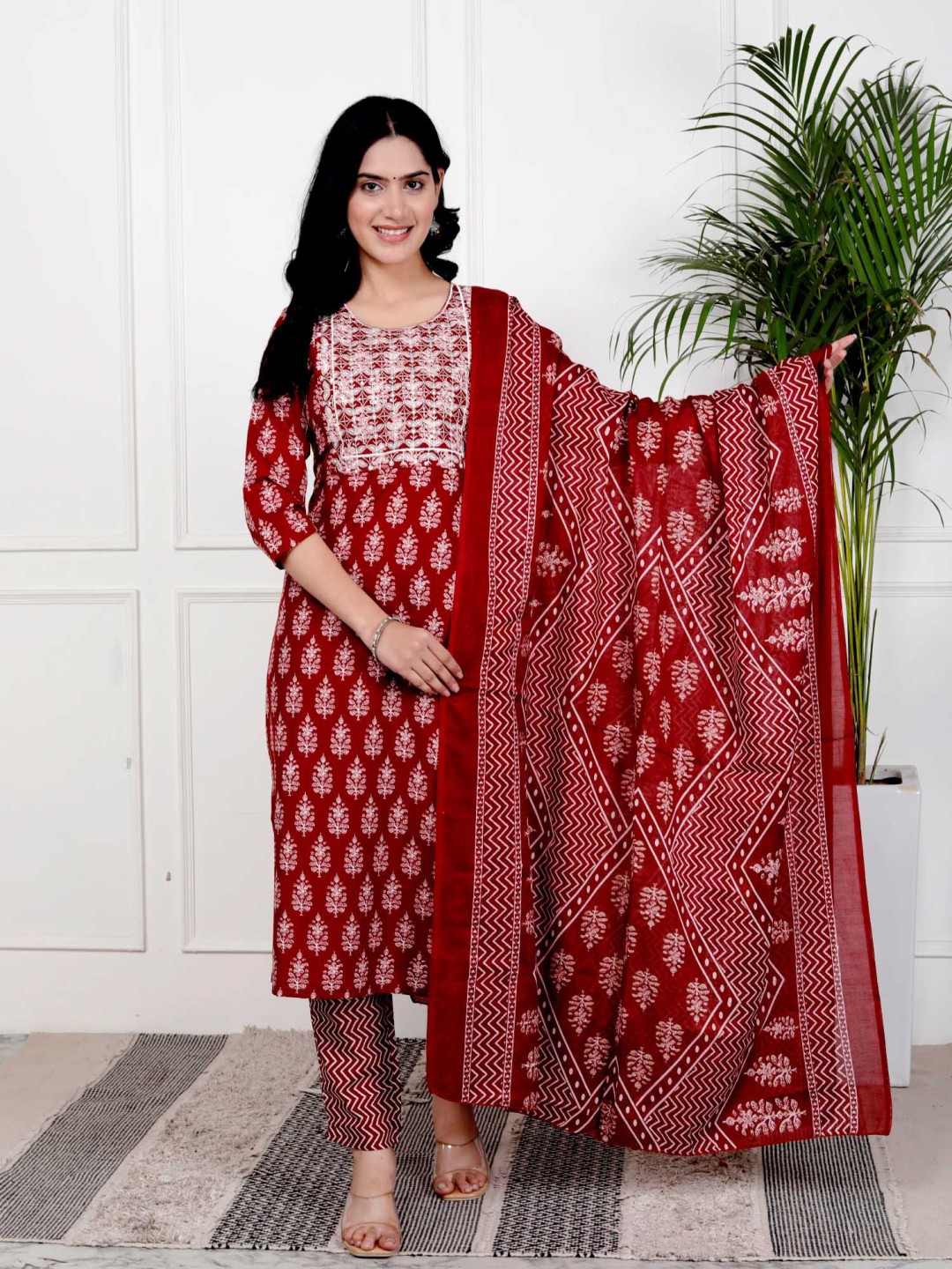 

HERE&NOW Ethnic Motifs Printed Embroidered Round Neck Kurta with Trousers And Dupatta, Maroon