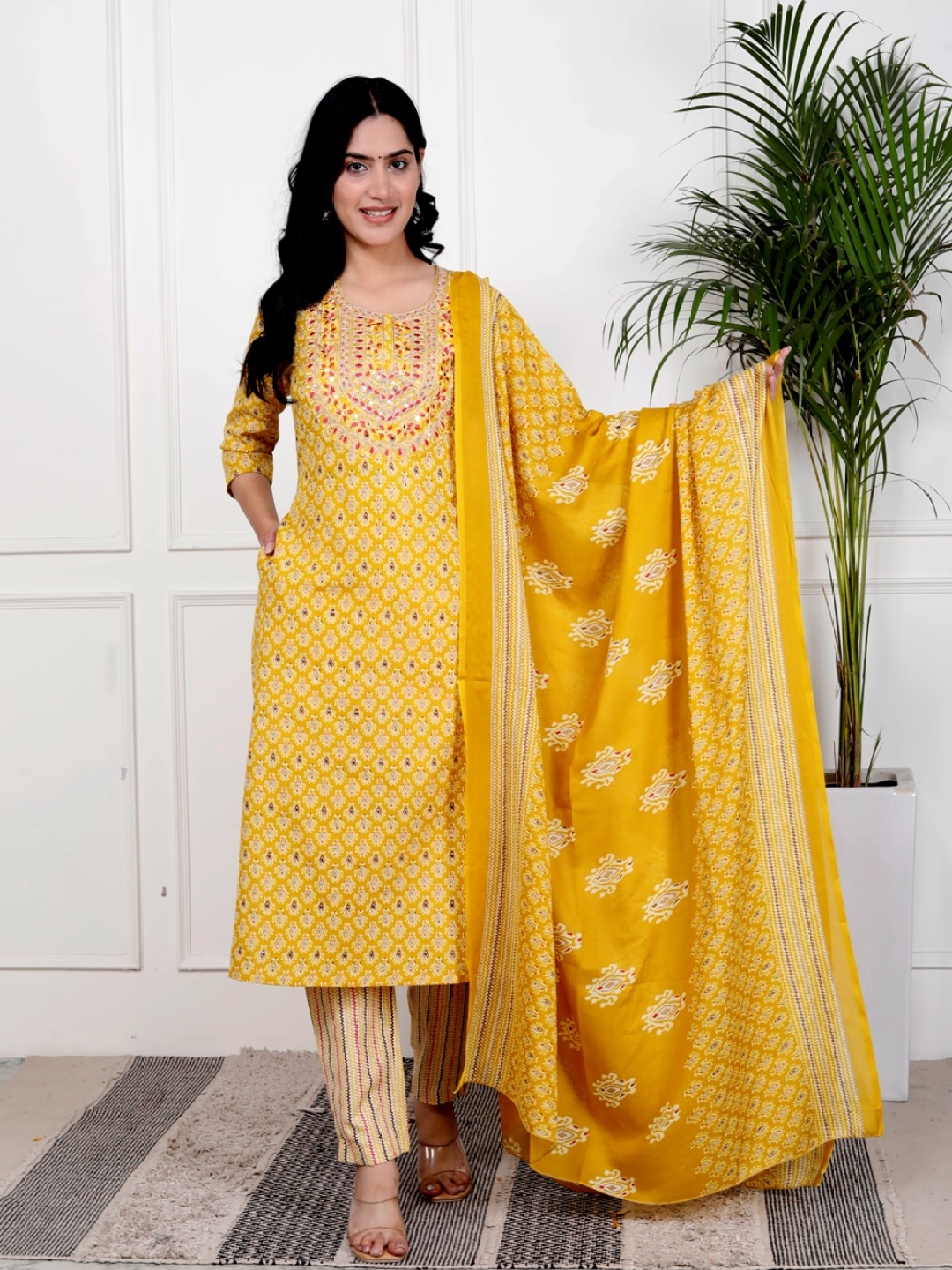 

HERE&NOW Ethnic Motifs Printed Embroidered Round Neck Kurta with Trousers And Dupatta, Yellow