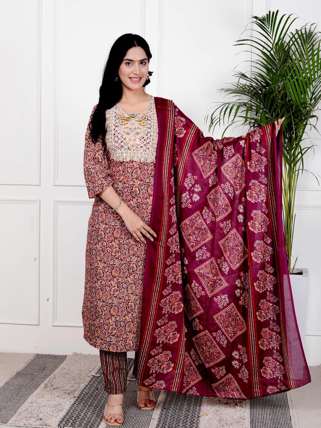 

HERE&NOW Floral Printed Embroidered Round Neck Kurta with Trousers And Dupatta, Maroon