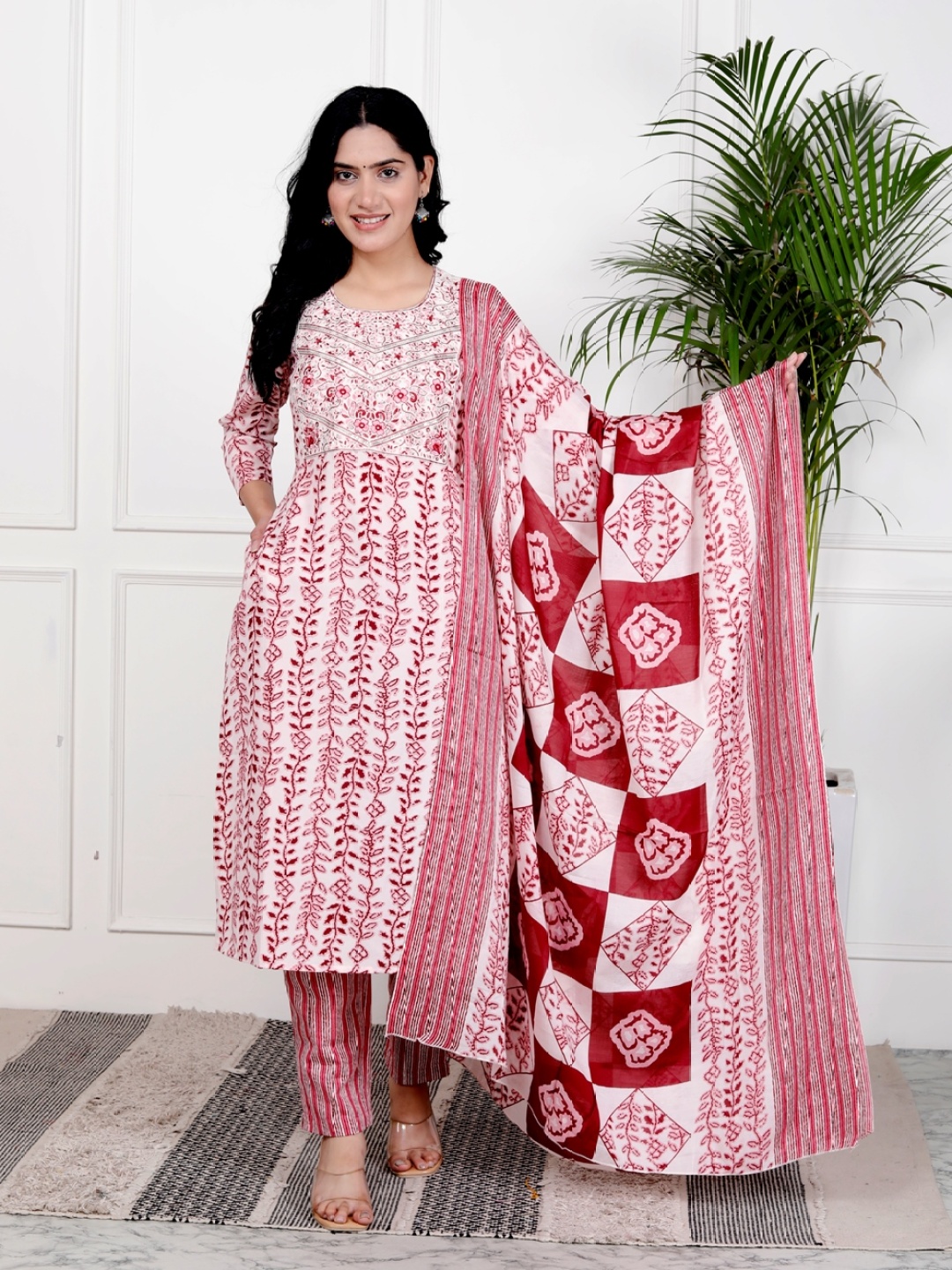 

HERE&NOW Floral Printed Embroidered Round Neck Kurta with Trousers And Dupatta, Pink