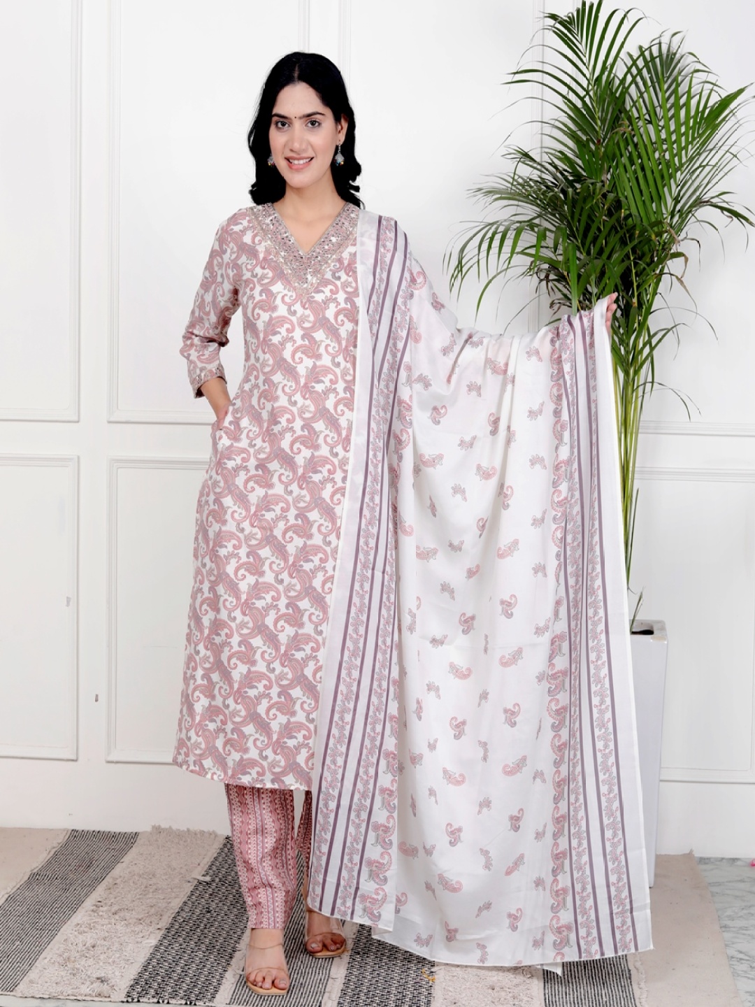 

HERE&NOW Paisley Printed Embroidered V-Neck Kurta with Trousers And Dupatta, Pink