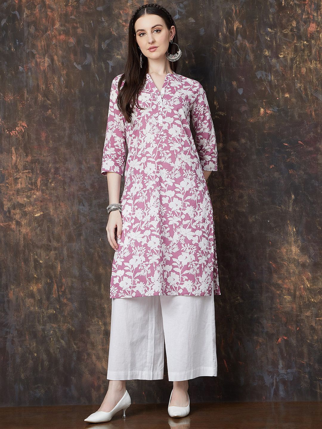 

Melange by Lifestyle Floral Printed Mandarin Collar Cotton Straight Kurta, Pink