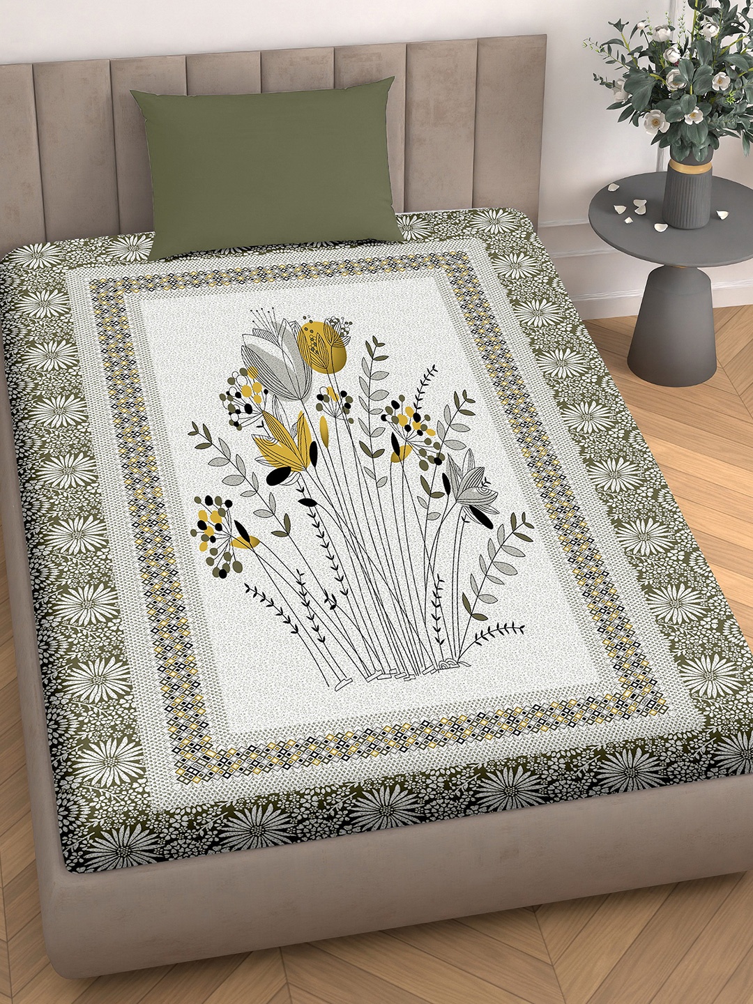 

Aura Green & Off White Floral 110 TC Single Bedsheet with 1 Pillow Covers