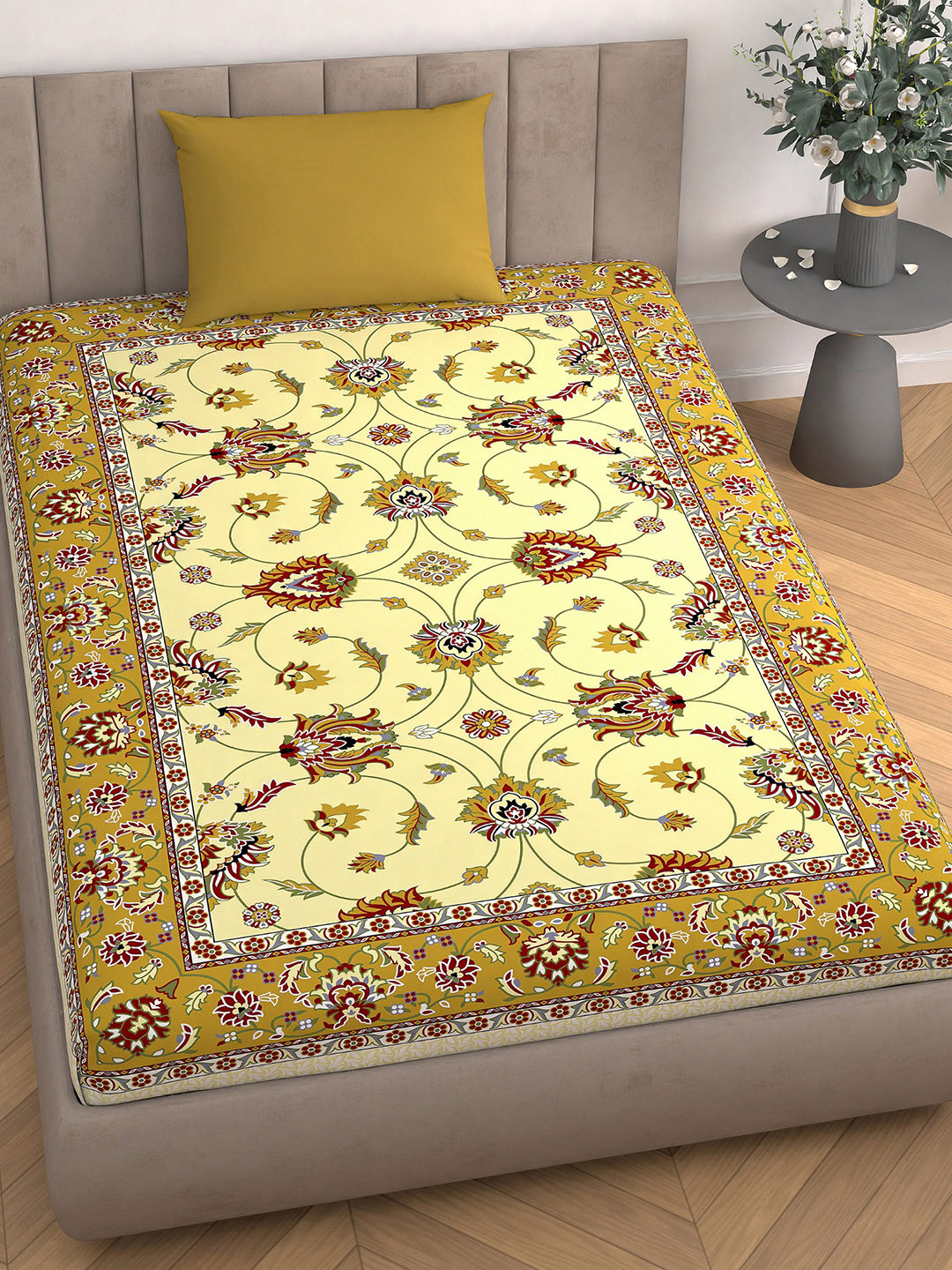 

Aura Mustard & Green Floral 110 TC Single Bedsheet with 1 Pillow Covers