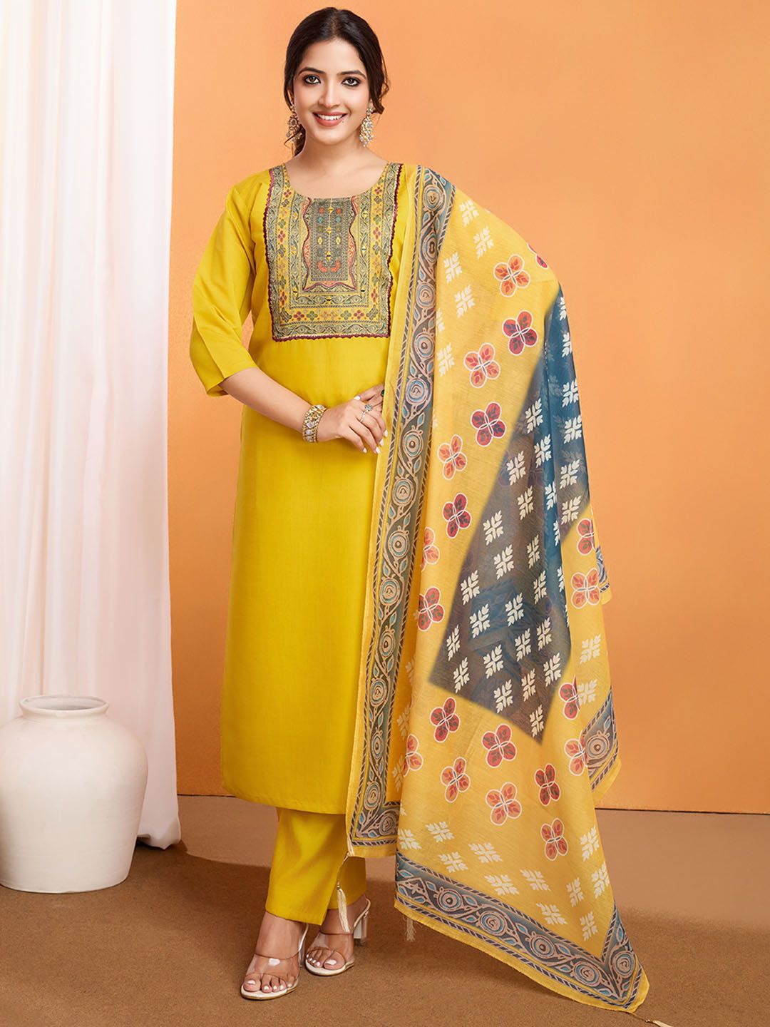 

BLACK SCISSOR Women Floral Yoke Design Regular Kurta with Trousers & With Dupatta, Yellow