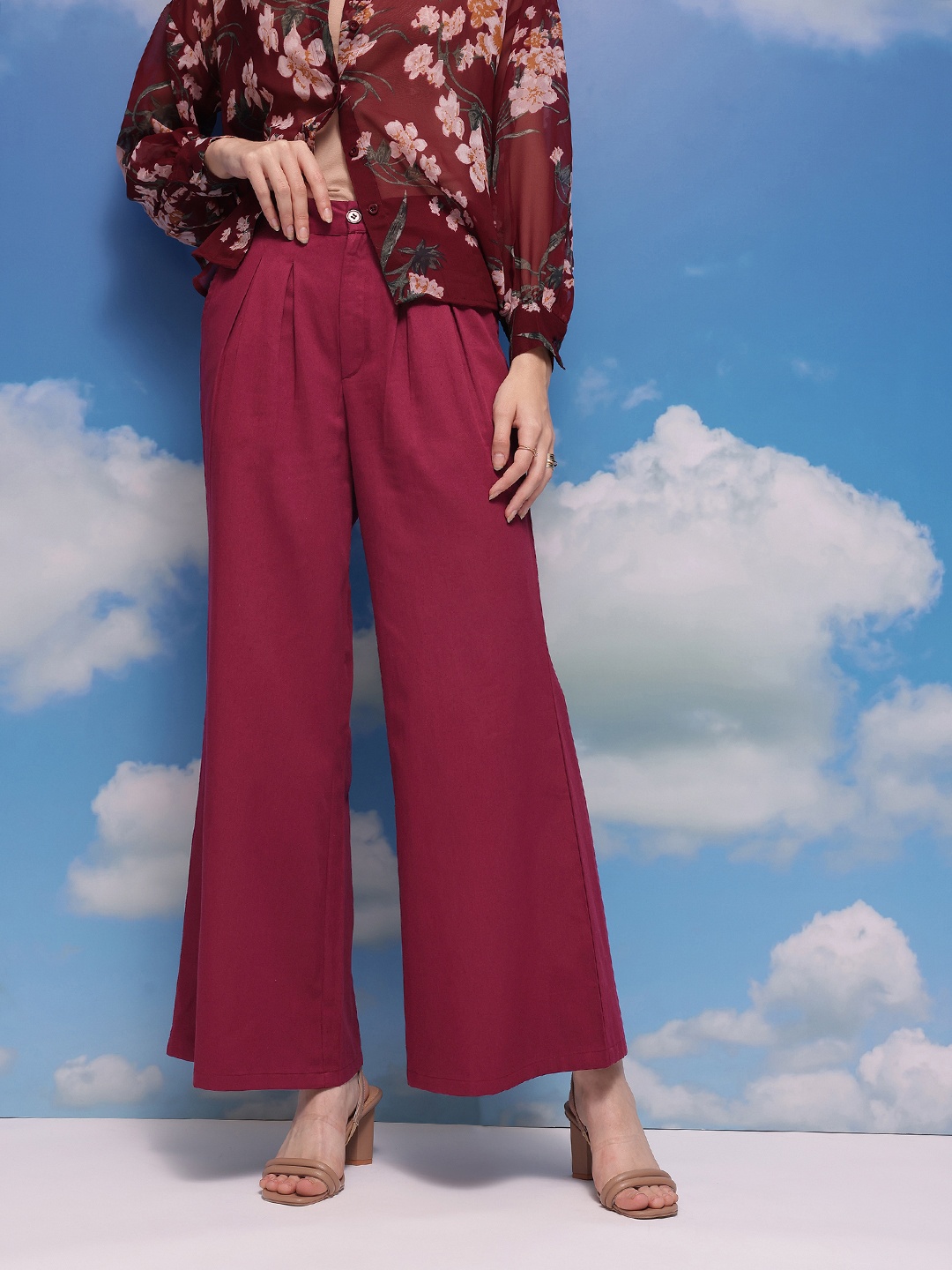 

CORSICA Women Cotton Pleated Flared Wide Leg Trousers, Maroon